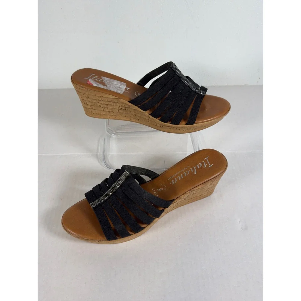 Italiana Women's Black Wedge Sandals Embellished‎ Elastic Straps Italian Made